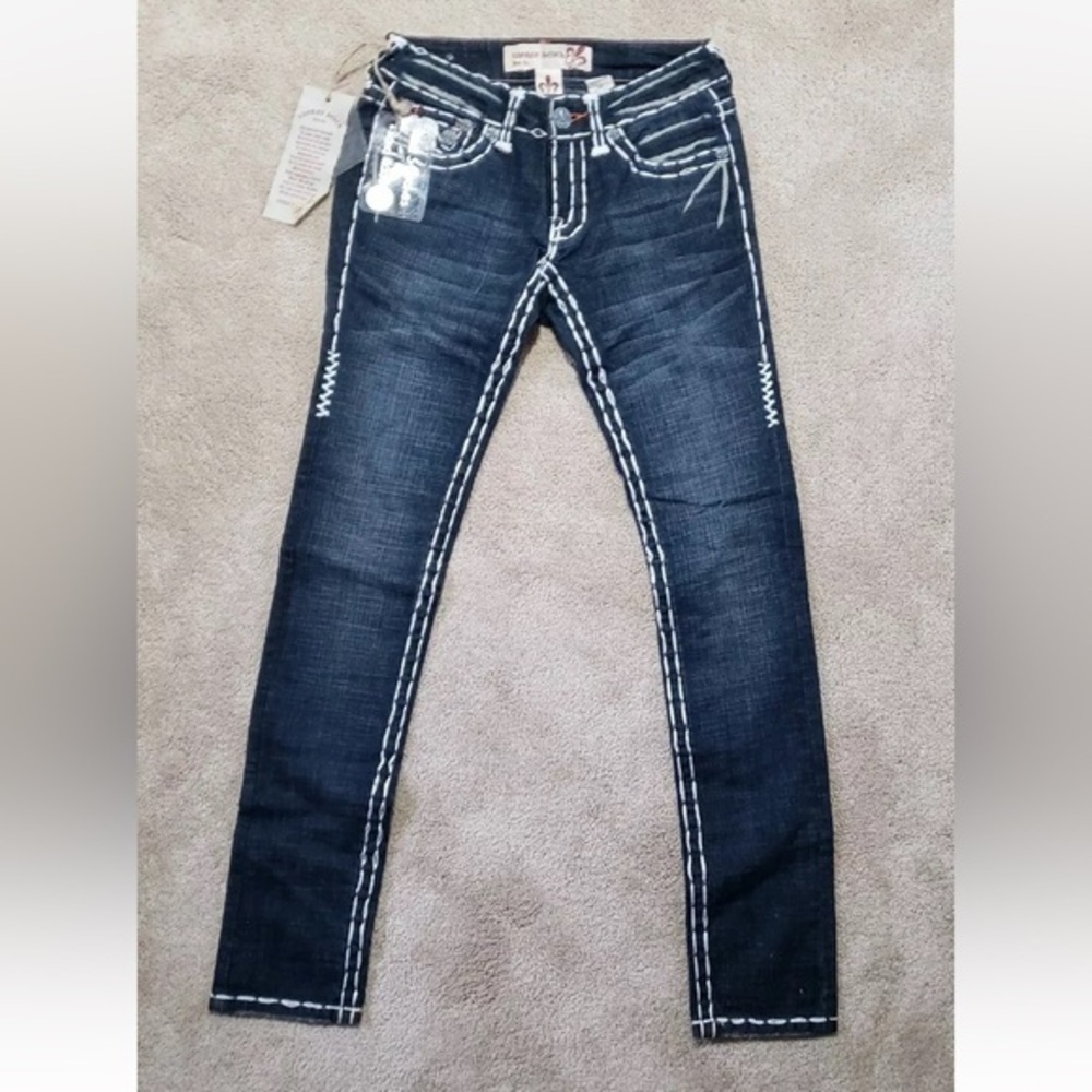 LAGUNA BEACH Jeans W: 29 L: 32 Hand Stiched White Design w/ Swarovski Crystals